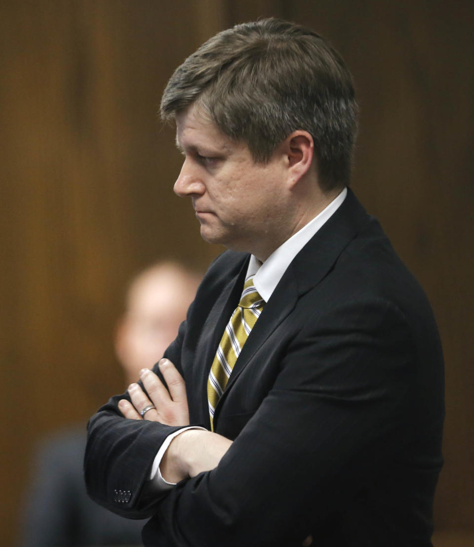 Erath County District Attorney Alan Nash listens to testimony during the capital murder trial of former Marine Cpl. Eddie Ray Routh at the Erath County, Donald R. Jones Justice Center in Stephenville, Texas, Monday, Feb. 16, 2015. Routh, 27, of Lancaster, is charged with the 2013 deaths of former Navy SEAL Chris Kyle and his friend Chad Littlefield at a shooting range near Glen Rose, Texas.  (AP Photo/Star-Telegram, Rodger Mallison, Pool)