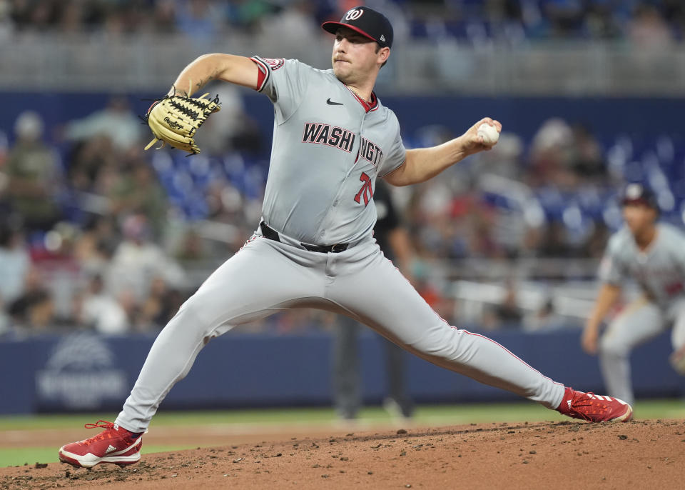 Washington Nationals starting pitcher Mitchell Parker (70) throws during the second inning of a baseball game against the Miami Marlins, Saturday, April 27, 2024, in Miami. (AP Photo/Marta Lavandier)