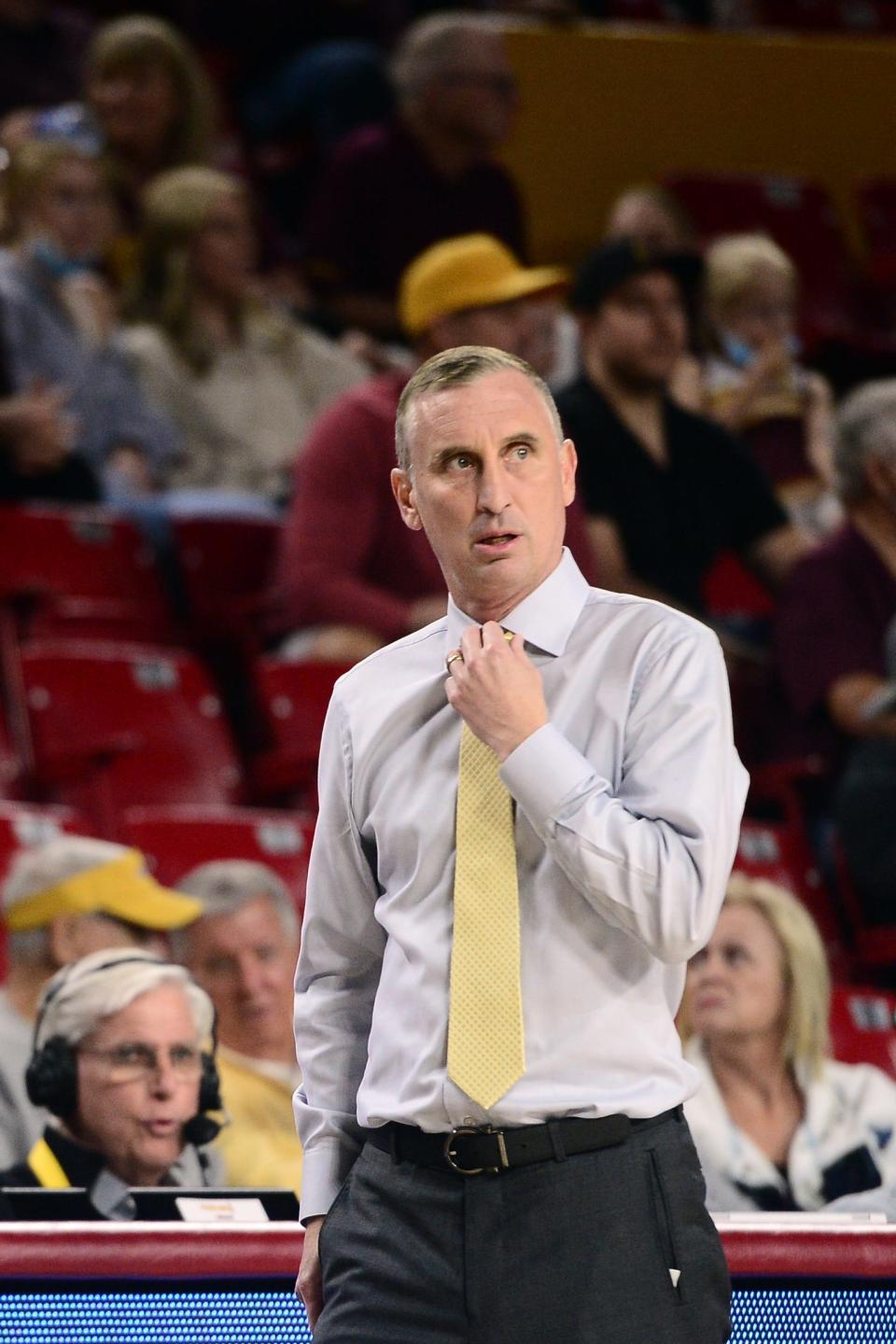 Dec 19, 2021; Tempe, Arizona, USA; Arizona State Sun Devils head coach Bobby Hurley looks on against the San Francisco Dons during the first half at Desert Financial Arena. Mandatory Credit: Joe Camporeale-USA TODAY Sports