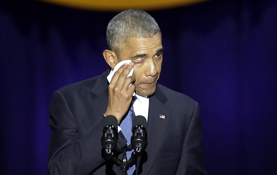 Obama shed a tear during his speech while reflecting on his legacy and his family.