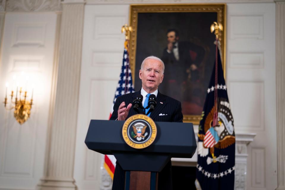 President Joe Biden speaks in the State Dining Room of the White House on March 2, 2021 in Washington, DC. President Biden spoke about the recently announced partnership between Johnson & Johnson and Merck to produce more J&J COVID-19 vaccine.