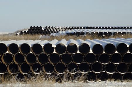 A depot used to store pipes for Transcanada Corp's planned Keystone XL oil pipeline is seen in Gascoyne, North Dakota in this file photo taken on November 14, 2014. REUTERS/Andrew Cullen