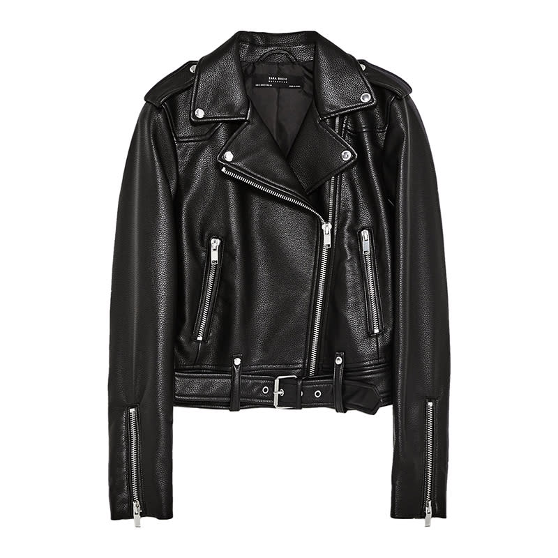 <a rel="nofollow noopener" href="https://www.zara.com/us/en/faux-leather-biker-jacket-p03046041.html?v1=5494375&v2=358002" target="_blank" data-ylk="slk:Faux Leather Biker Jacket, Zara, $70;elm:context_link;itc:0;sec:content-canvas" class="link ">Faux Leather Biker Jacket, Zara, $70</a>