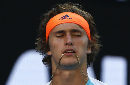 Tennis - Australian Open - Melbourne Park, Melbourne, Australia - 21/1/17 Germany's Alexander Zverev reacts during his Men's singles third round match against Spain's Rafael Nadal. REUTERS/Thomas Peter