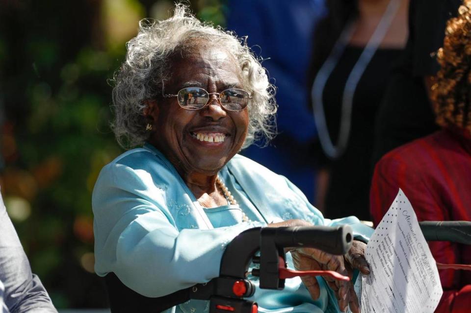 Dr. Enid Pinkney, historian and preservationist, smiles during a ceremony to celebrate the street naming after Alexander C. Lightbourne at the Greater Bethel AME Church.