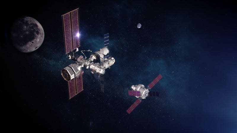 Conceptual view of Lunar Gateway (left) and the Orion spacecraft.