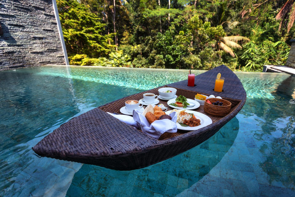 Floating breakfast on a pool in Ubud, Bali
