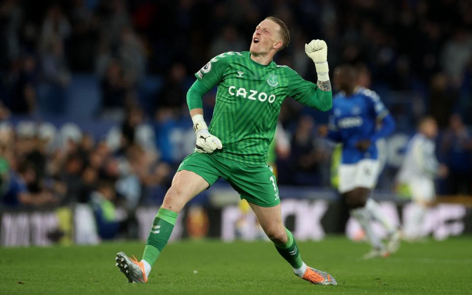 Jordan Pickford celebrates at the other end of the field - REUTERS