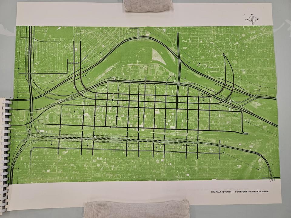 A map of a proposed extension of Bow Trail through downtown. It would have levelled much of Eau Claire and Chinatown, and would have accompanied plans to replace Centre Street Bridge with a newer and larger structure. From Calgary Transportation Study (CALTS) Volume 2, January 1968