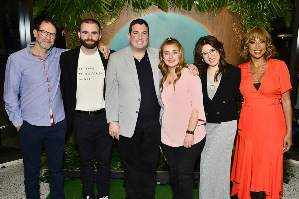 (L-R) Cian O'Clery, Connor Tomlinson, David Isaacman, Abbey Romeo, Dani Bowman, and Holly Robinson Peete attend Netflix's "Love on the Spectrum" at TUDUM Theater on April 02, 2024 in Hollywood, California.