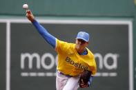 Boston Red Sox relief pitcher Nick Pivetta pitches to a Chicago White Sox batter during the first inning of a baseball game, Saturday, April 17, 2021, in Boston. (AP Photo/Mary Schwalm)