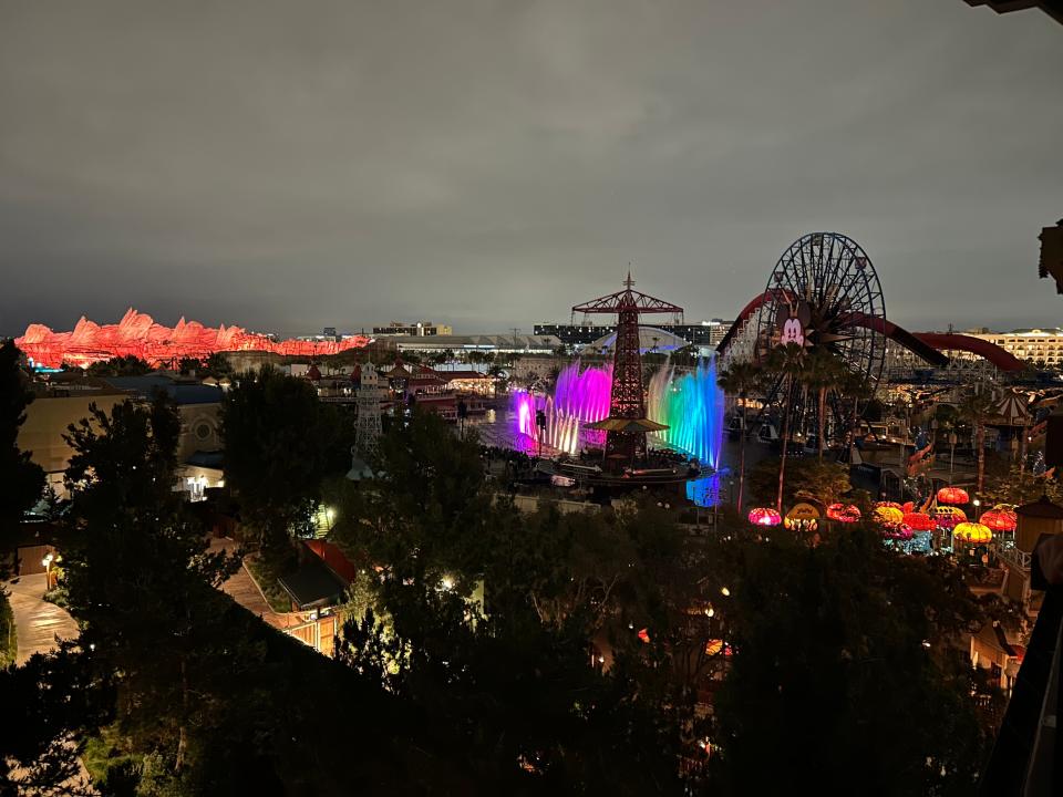 The view of Disney California Adventure at night.