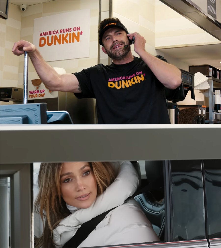 Ben Affleck and Jennifer Lopez in a Dunkin' commercial.