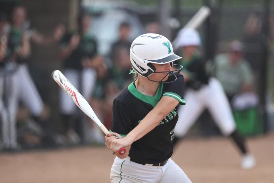 Yorktown softball senior Macie Dowd hit a thire-run homer against Bellmont in their regional championship game at Yorktown Sports Park on Tuesday, May 31, 2022.