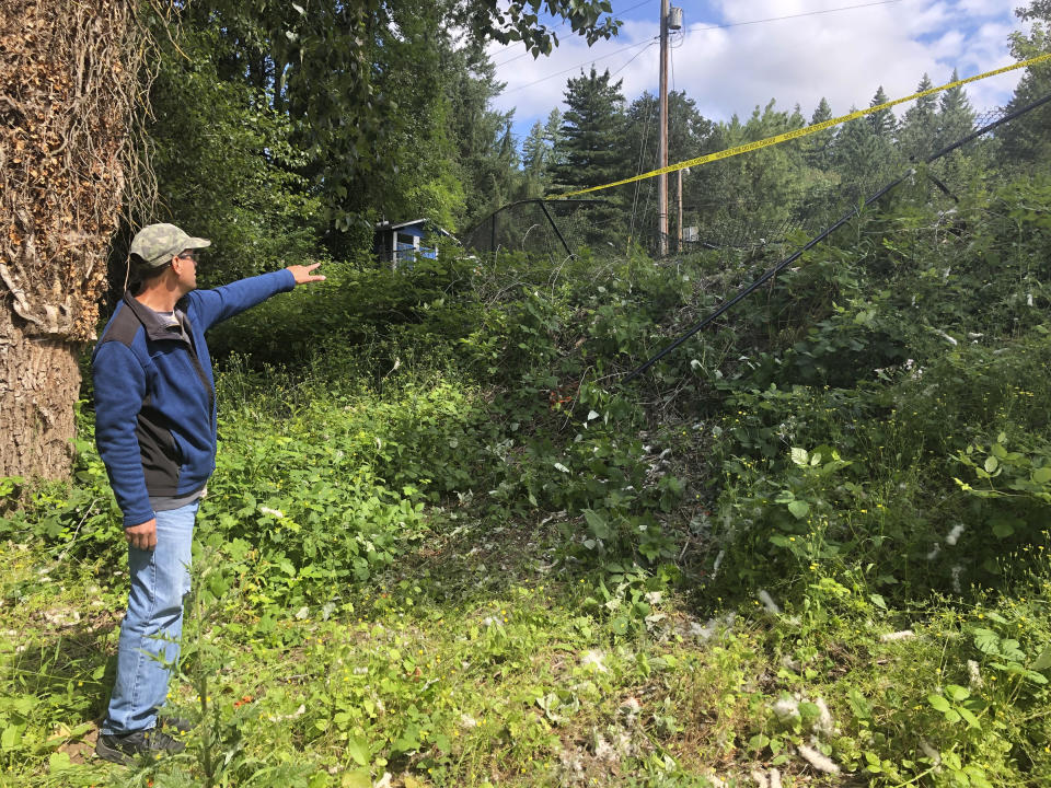 Mark Lockwood, who used to live across the street from the scene, points to a fence Wednesday, June 26, 2019, that was knocked down when a driver crashed into a swimming hole in Washougal, Wash., and ran over two German tourists who were sunbathing, killing them. Police have arrested David Croswell, who lives a few blocks away from the swimming hole, in the deaths of Rudolf Hohstadt, 61, and Regina Hohstadt, 62. (AP Photo/Gillian Flaccus)