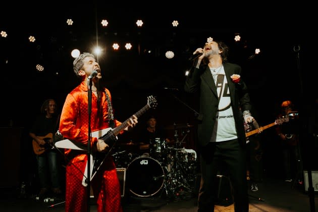 Watt (left) and Chris Robinson in Brooklyn, with Chad Smith behind them on drums - Credit: Jenna Murray for Rolling Stone