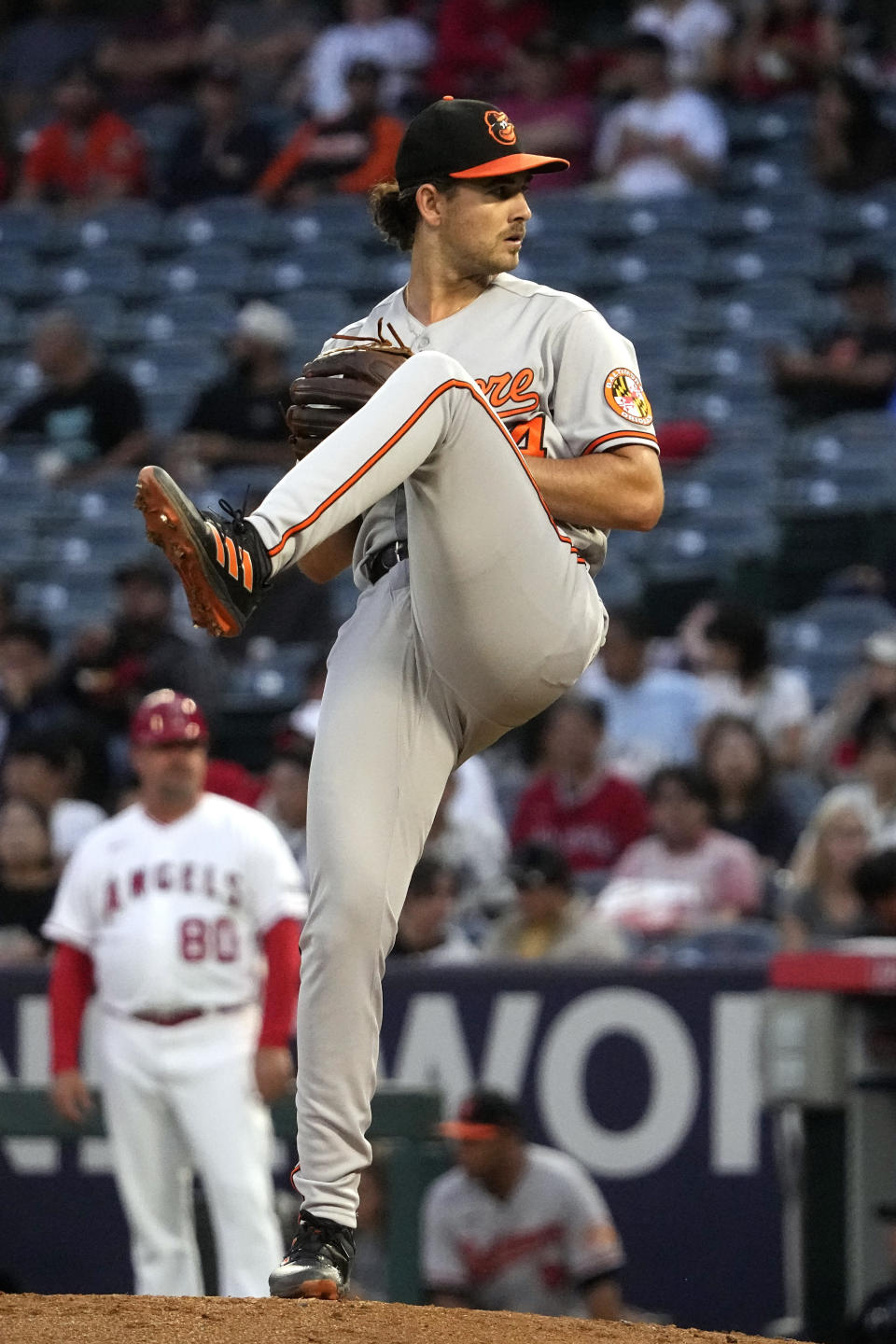 Baltimore Orioles starting pitcher Dean Kremer throws to the plate during the first inning of a baseball game against the Los Angeles Angels Tuesday, Sept. 5, 2023, in Anaheim, Calif. (AP Photo/Mark J. Terrill)