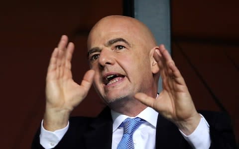 Fifa President, Gianni Infantino in conversation during the UEFA Super Cup between Real Madrid and Atletico Madrid at Lillekula Stadium on August 15, 2018 in Tallinn, Estonia - Credit: getty images