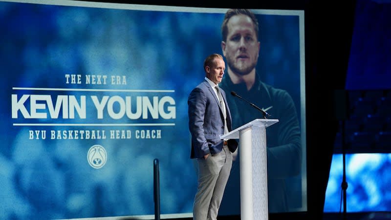 BYU’s new men’s head basketball coach Kevin Young makes a few remarks during an announcement event in the Marriott Center in Provo on Wednesday, April 17, 2024.