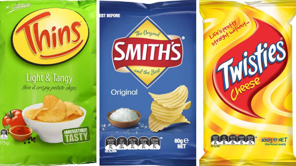 Smiths original, cheese twisties and thins lite n tangy among favourite aussie chips
