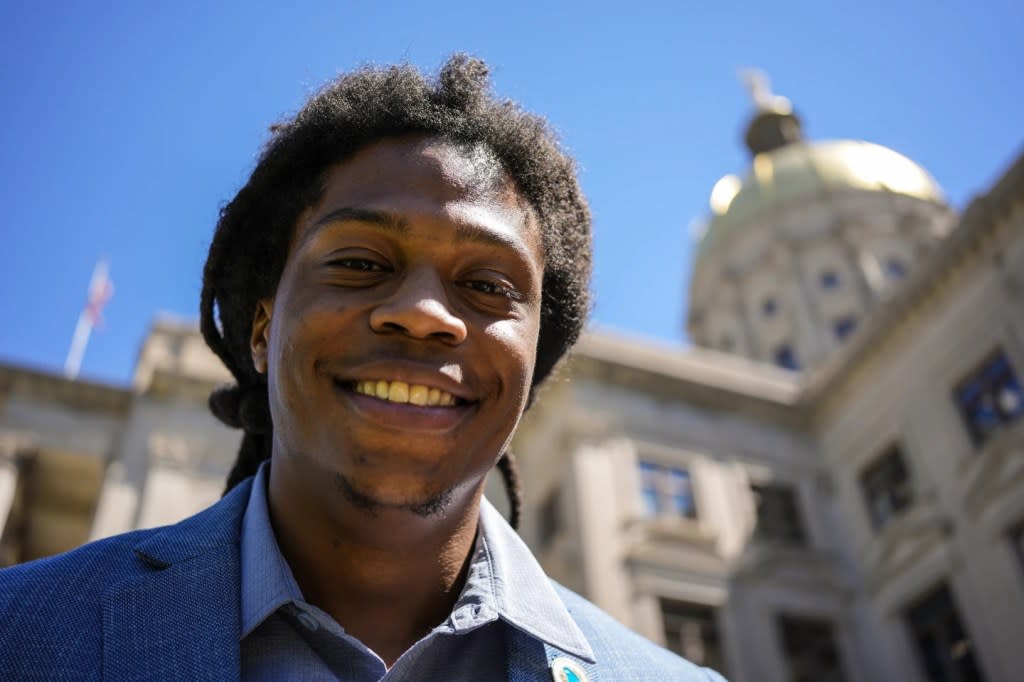Davante Jennings poses for a photo at the state Capitol, Thursday, March 28, 2024, in Atlanta. (AP Photo/Mike Stewart)