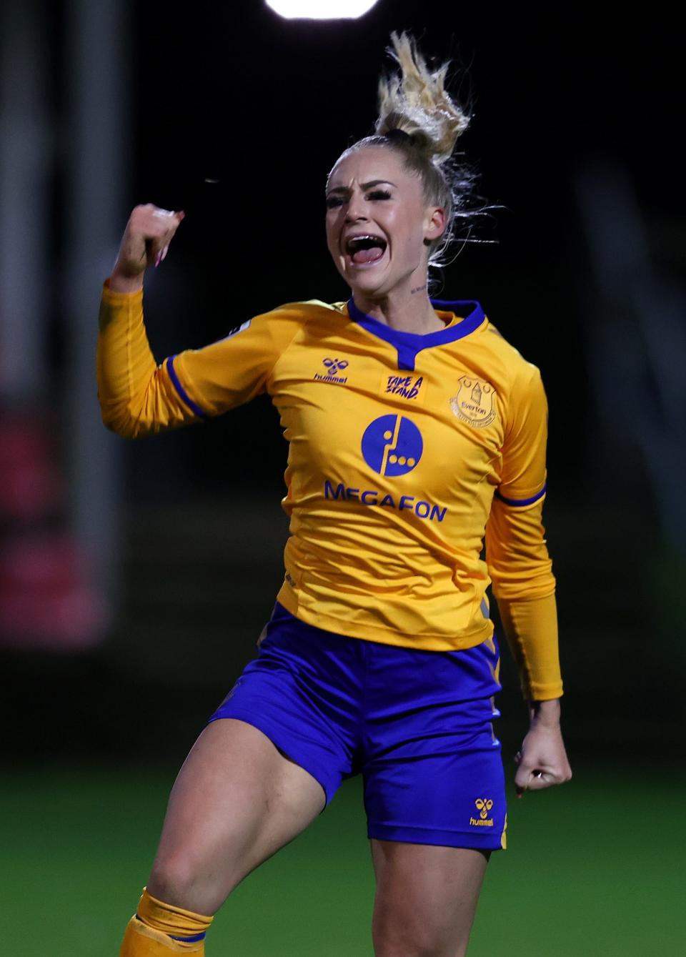 BURTON UPON TRENT, ENGLAND - MARCH 11: Alisha Lehmann of Everton celebrates after scoring their team's second goal during the Barclays FA Women's Super League match between Birmingham City Women and Everton Women at St George's Park on March 11, 2021 in Burton upon Trent, England. Sporting stadiums around the UK remain under strict restrictions due to the Coronavirus Pandemic as Government social distancing laws prohibit fans inside venues resulting in games being played behind closed doors. (Photo by Catherine Ivill/Getty Images)