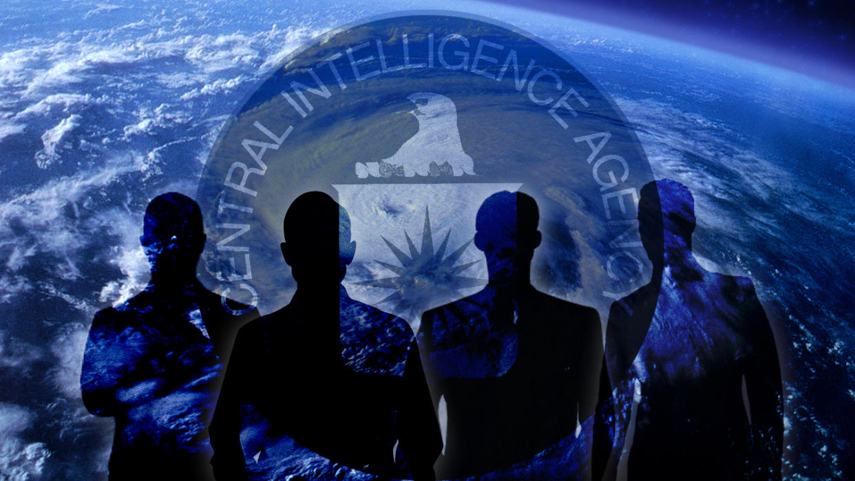 Four silhouettes appear before the CIA logo and an image of the Earth