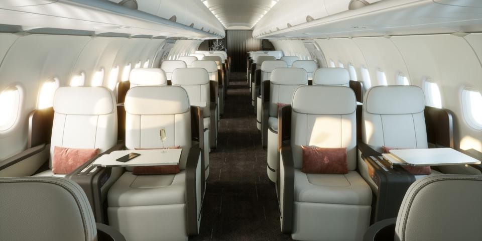 Inside the private jet with seating areas.