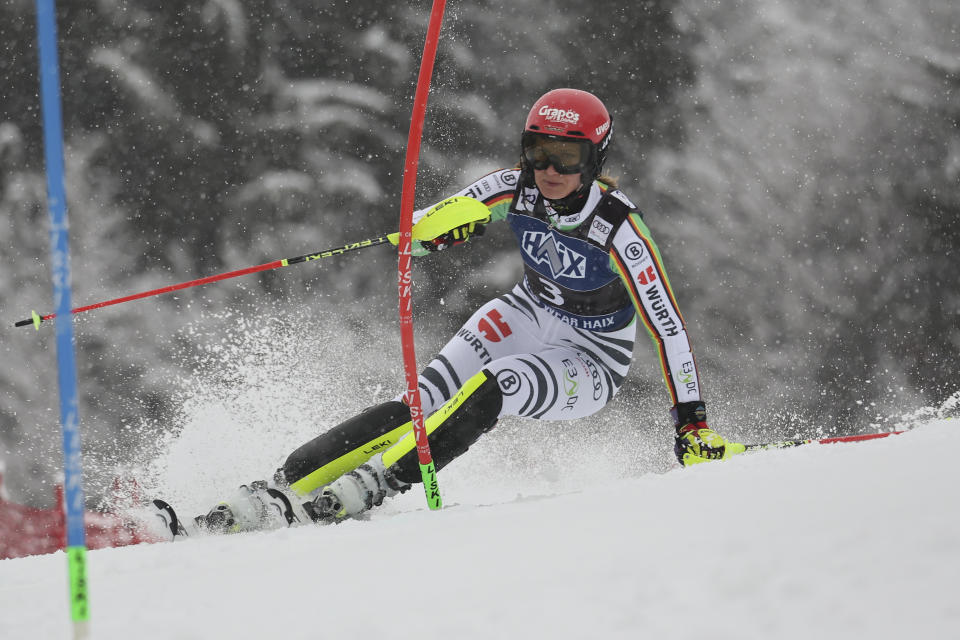 Germany's Lena Duerr speeds down the course during the first run of an alpine ski, women's World Cup slalom race, in Kranjska Gora, Slovenia, Sunday, Jan. 7, 2024. (AP Photo/Marco Trovati)