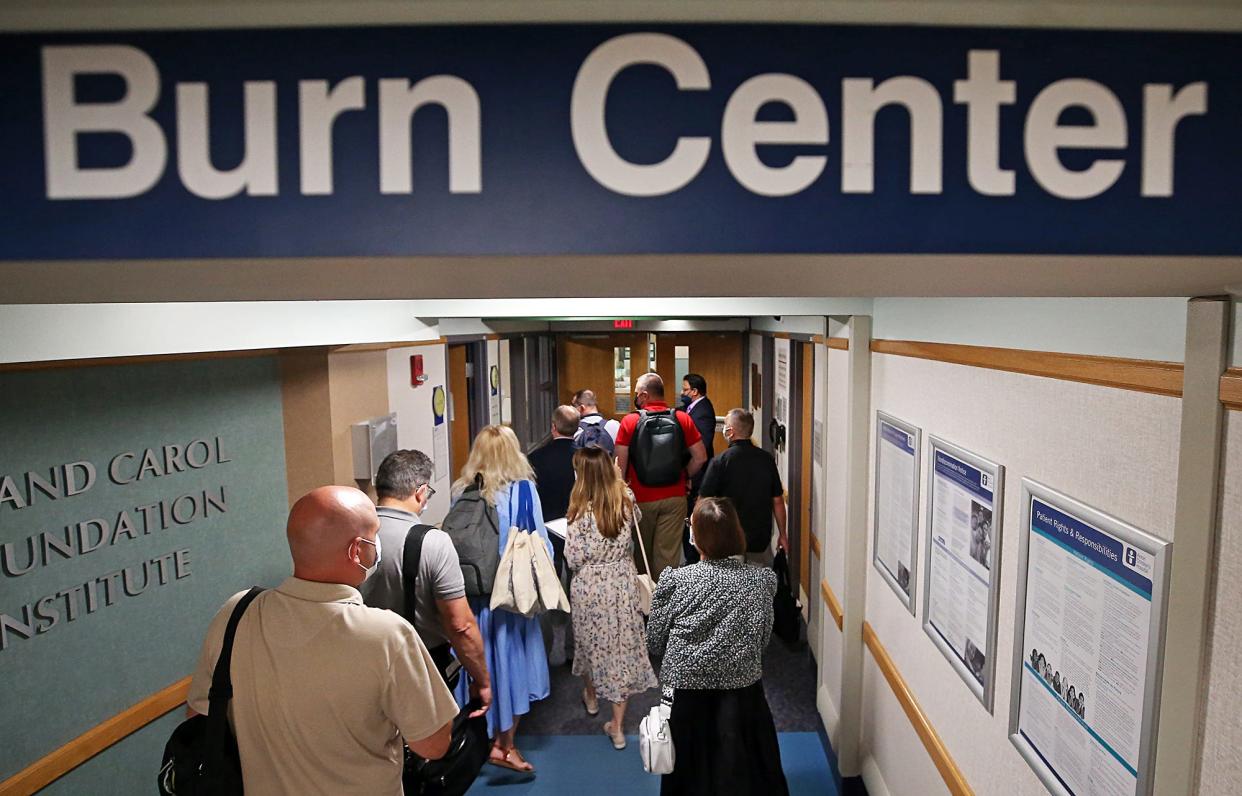 A group of Ukrainian burn unit doctors get a tour of the burn center at Akron Children's Hospital on Wednesday.