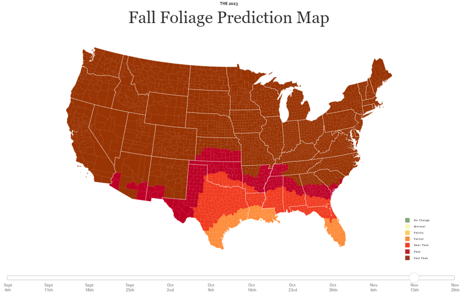Fall foliage predictions for the week of Nov. 13, 2023. (Smokymountains.com)