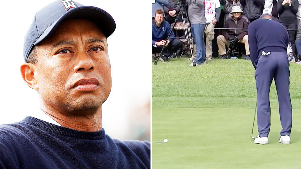 Tiger Woods, pictured here producing a birdie in his first hole in a PGA Tour event in 884 days.