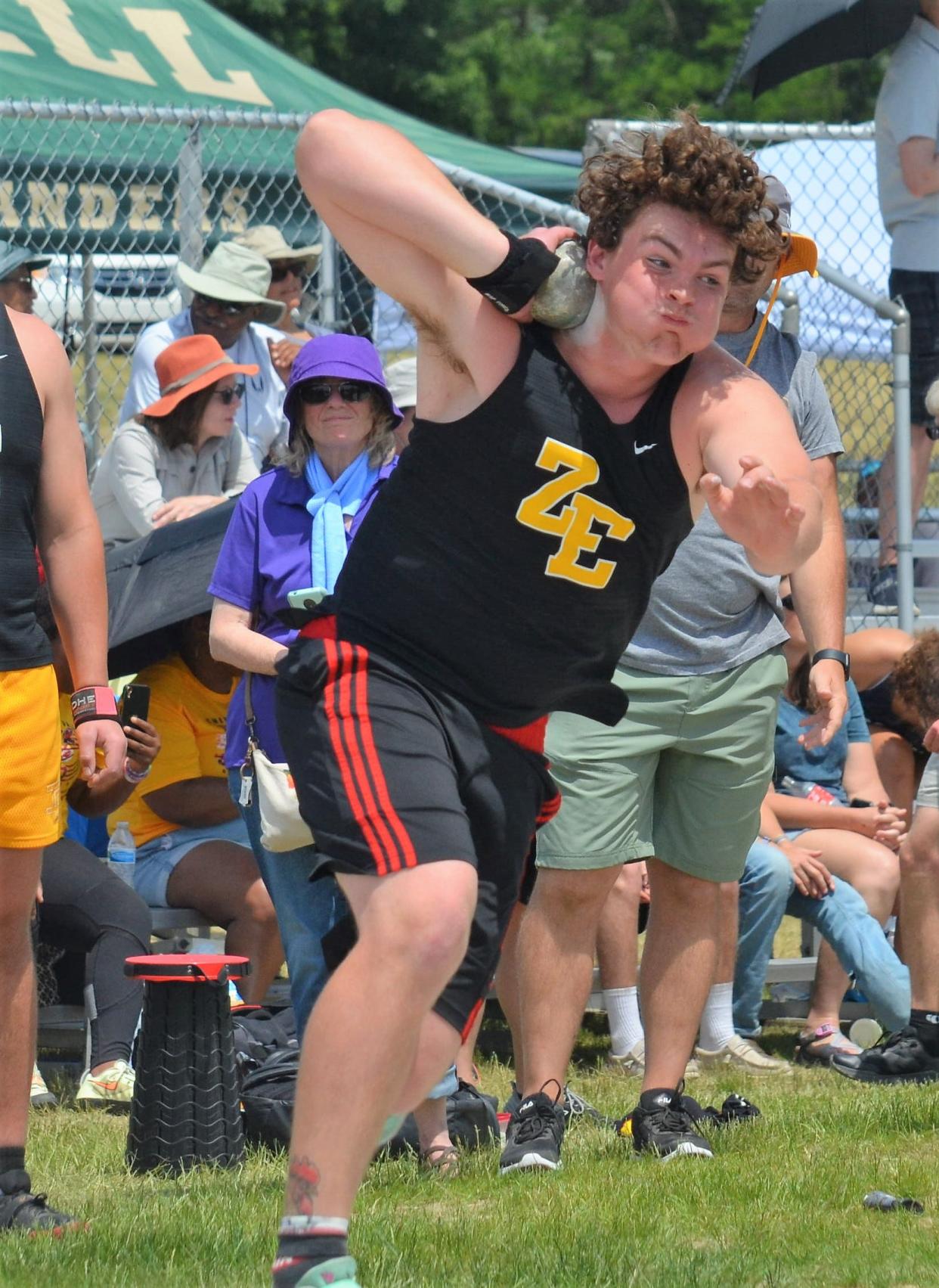 Zeeland East's Garrett Weeden competes in the shot put during the Division 1 state finals on Saturday, June 3, 2023, at Rockford High School.