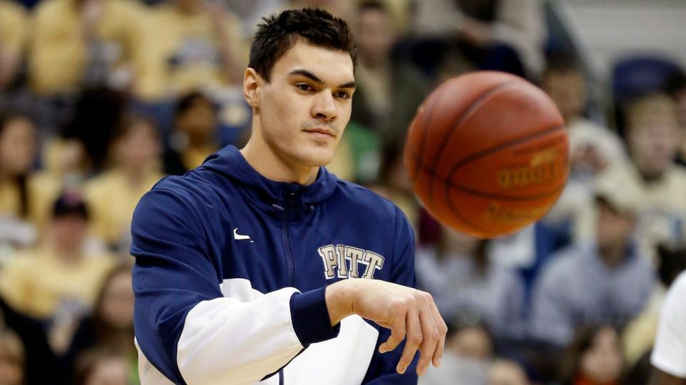 Mandatory Credit: Photo by Keith Srakocic/AP/Shutterstock (6221866ak)Steven Adams Pittsburgh's Steven Adams passes the ball during team warmup before the NCAA college basketball game against Villanova on in Pittsburgh.