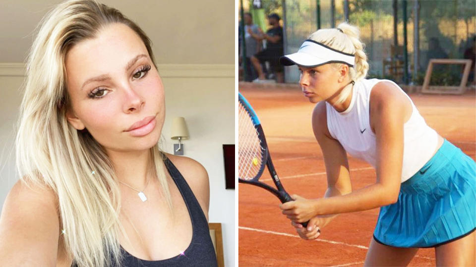 Angelina Graovac (pictured right) playing tennis and (pictured left) posing for a photo.