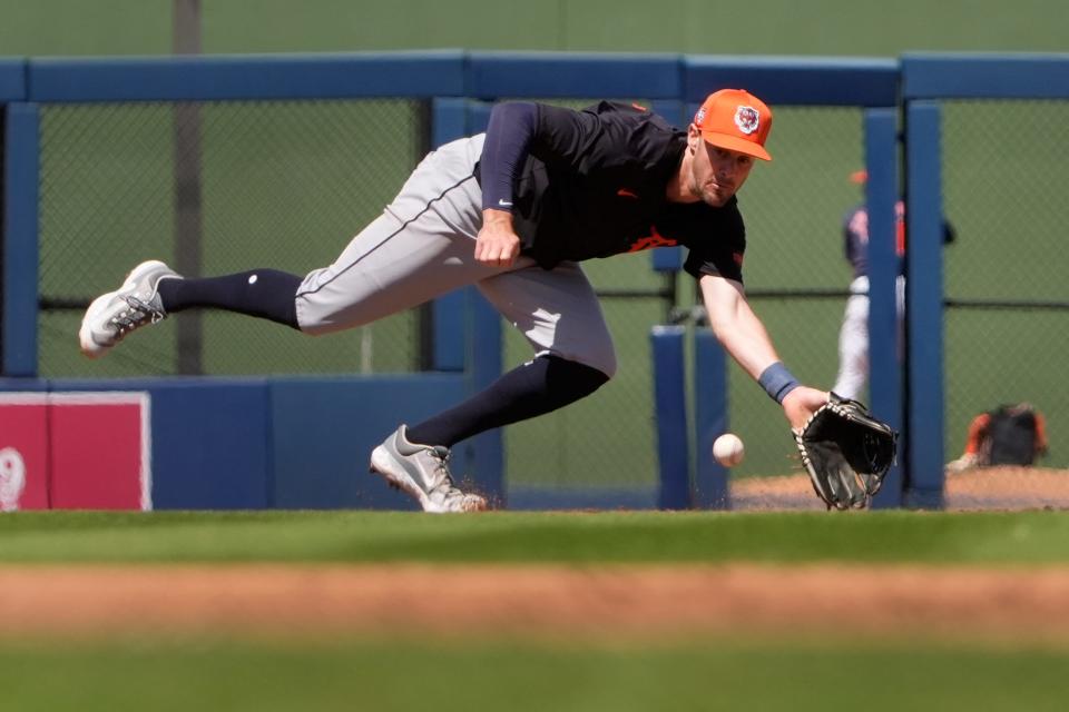 Detroit Tigers shortstop Ryan Kreidler handles a ground out by Houston Astros' Yainer Diaz during the fourth inning at CACTI Park of the Palm Beaches in West Palm Beach, Florida, on Monday, March 11, 2024.