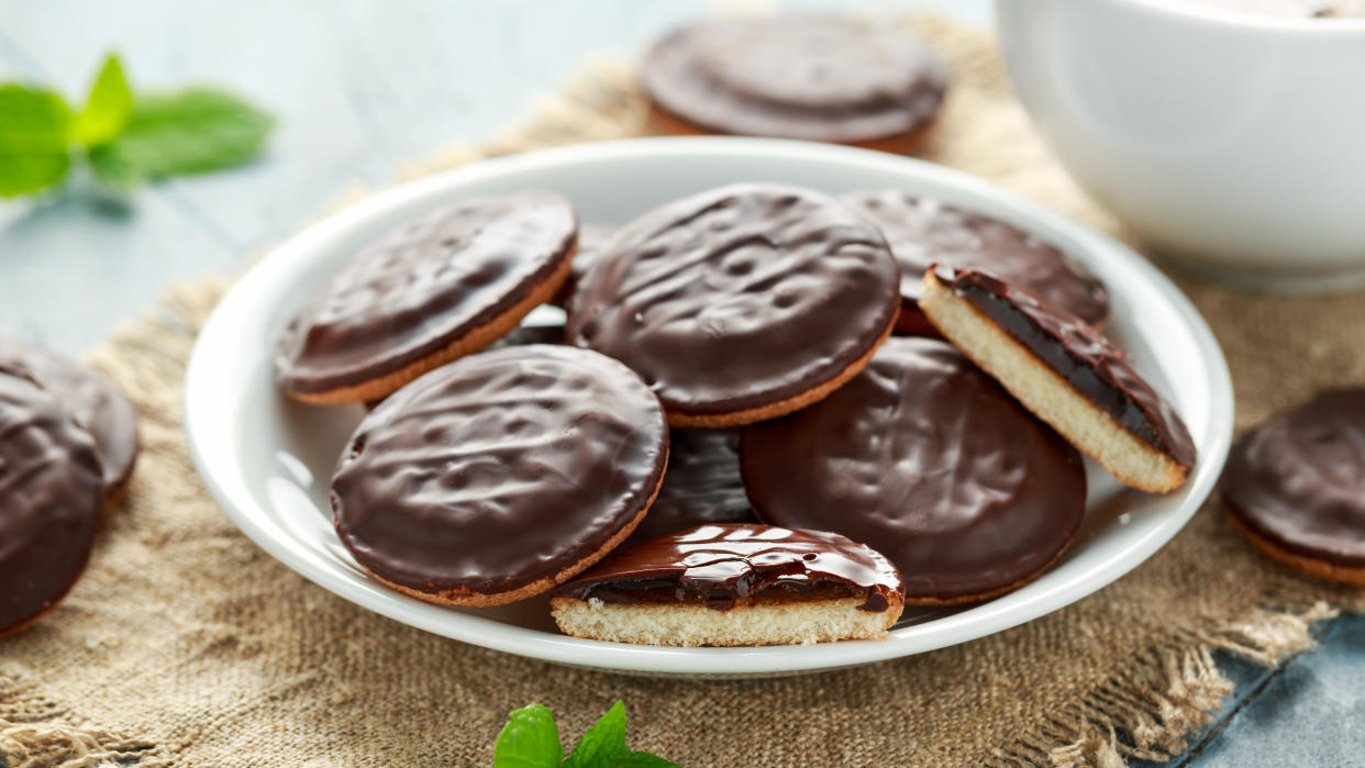 Jaffa cakes sweet cookies with orange, chocolate and coffee.