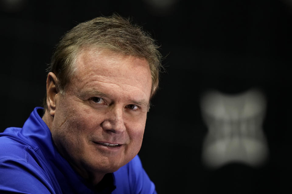 Kansas coach Bill Self speaks to the media during the NCAA college Big 12 men's basketball media day Wednesday, Oct. 18, 2023, in Kansas City, Mo. (AP Photo/Charlie Riedel)