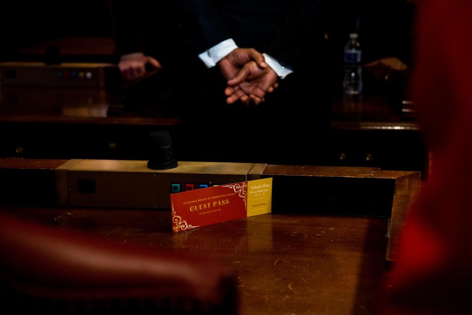 A guest pass is left on a table for members of the press to examine following a legislative session at Tennessee State Capitol Building in Nashville, Tenn., Thursday, Jan. 11, 2024.