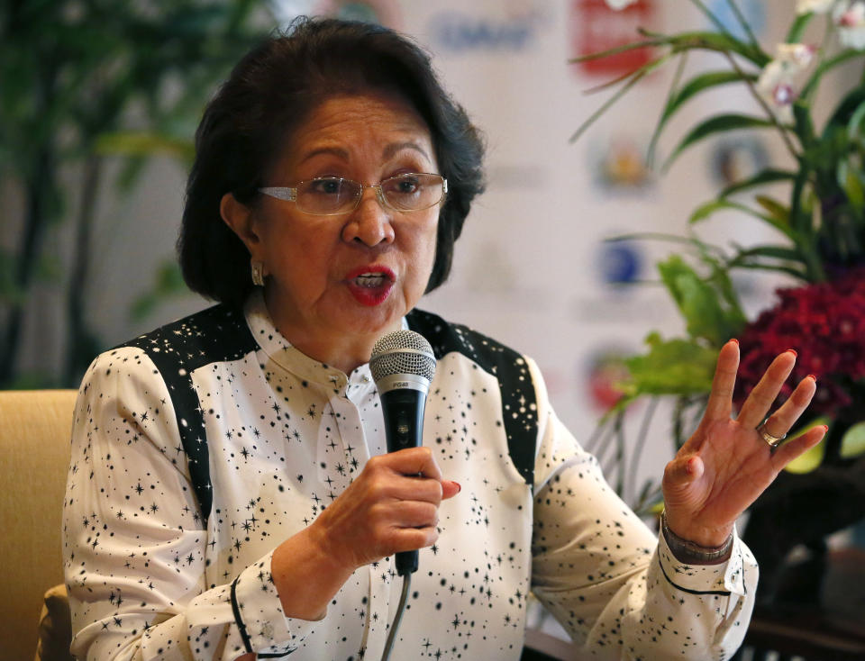 FILE - In this Aug. 27, 2016, file photo, Philippine Ombudsman Conchita Carpio-Morales, one of the Ramon Magsaysay awardees for this year, stresses a point during a news conference in Manila, Philippines. Carpio- Morales, who accused Chinese President Xi Jinping of crimes against humanity before the International Criminal Court, says she has been barred for hours from entering Hong Kong for unspecified reasons. (AP Photo/Bullit Marquez, File)