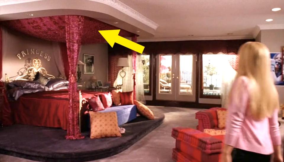 This room has everything: pillows everywhere, another bed on a platform, tons of extra seating, and a canopy that is BUILT INTO THE FUCKING CEILING!!!!!! I didn't even know I could ask for something like that before I saw this movie.