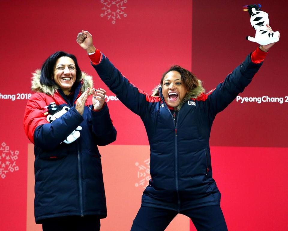 Bobsledders Elana Meyers Taylor (left) and Lauren Gibbs after their silver-medal win at the 2018 Winter Olympics