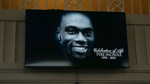 PHOTO: A screen at the entrance of Mississippi Boulevard Christian Church displays the celebration of life for Tyre Nichols on Feb. 1, 2023 in Memphis, Tenn. (Lucy Garrett/Getty Images)