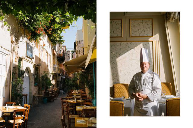 <p>Federico Ciamei</p> From left: Chania, Greece, is one of Crete’s principal cities and a frequent port of call for cruise ships; executive chef Frederic Camonin in the ship’s Grand Dining Room.