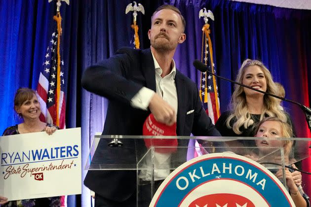 Ryan Walters, who won his race to be Oklahoma's next state school superintendent, throws a 