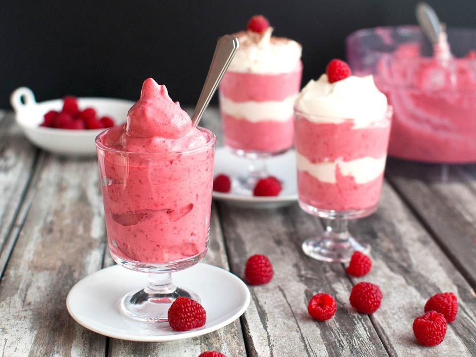 <p>This super easy recipe only calls for three ingredients: your favorite frozen berries, egg whites, and sugar!</p><p><em><a href="https://www.seriouseats.com/recipes/2015/01/light-and-easy-five-minute-fruit-mousse-dessert-recipe.html" rel="nofollow noopener" target="_blank" data-ylk="slk:Get the recipe from Serious Eats »;elm:context_link;itc:0;sec:content-canvas" class="link ">Get the recipe from Serious Eats »</a></em></p>
