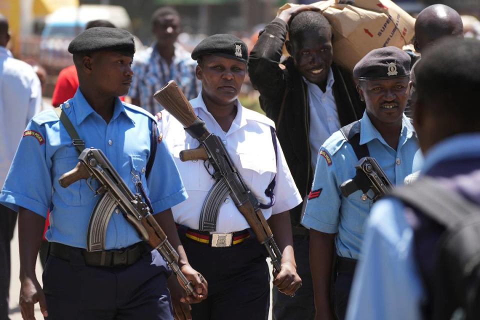 Kenya police patrol the streets of Nairobi, Kenya, Tuesday, March.12, 2024. Kenya agreed in October to lead a U.N.-authorized international police force to Haiti, but the Kenyan High Court in January ruled the plan unconstitutional, in part because of a lack of reciprocal agreements between the two countries. Kenya and Haiti signed agreements Friday, March 1, 2024 to try to salvage a plan for the African country to deploy 1,000 police officers to the troubled Caribbean nation to help combat gang violence that has surged to unprecedented levels. (AP Photo/Brian Inganga)