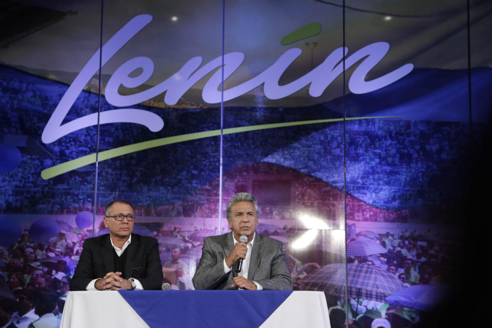 Ecuador's President Elect Lenin Moreno, right, sits next to his Vice-President Jorge Glas, at a press conference after their electoral victory in Quito, Ecuador, Tuesday, April 4, 2017. Juan Pablo Pozo, president of the electoral council, announced the razor-thin election win by Moreno in a nationwide broadcast on radio and television. He said the results were “official, irreversible” with 99.65 percent of the votes counted. (AP Photo/Dolores Ochoa)