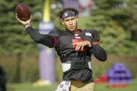 San Francisco 49ers quarterback Trey Lance (5) takes part in drills with the Minnesota Vikings during NFL football training camp in Eagan, Minn., Wednesday, Aug. 17, 2022. (AP Photo/Bruce Kluckhohn)