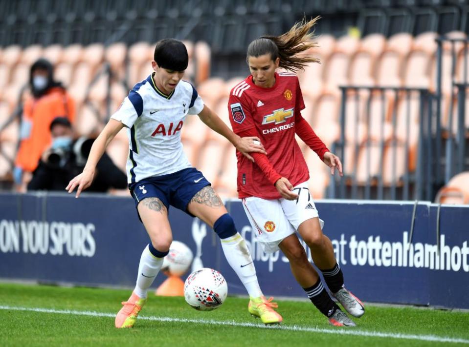 Ashleigh Neville in action for Tottenham against Manchester United’s Tobin Heath.